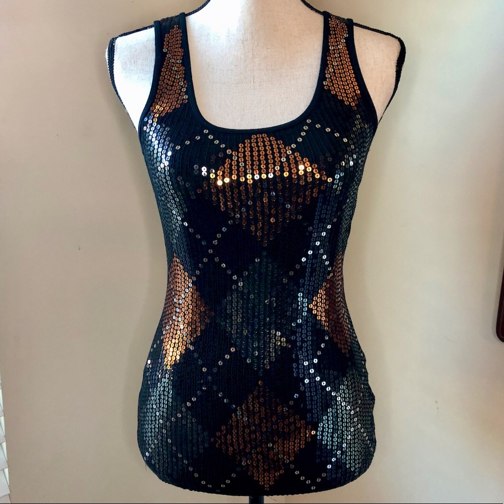 NEW! EXPRESS Sequin Ribbed Tank Top Shirt Gold & Black SZ S